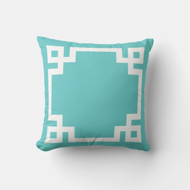 Coussin Bordure de clé grecque Turquoise et blanche (Recto)