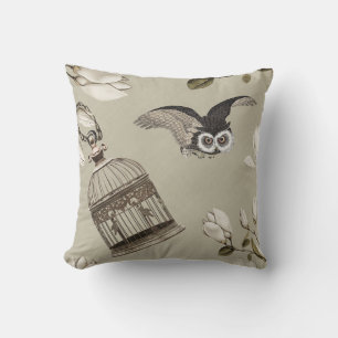 Coussin Bosquet de magnolias avec hiboux 03 Beige écru