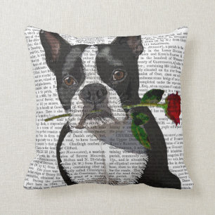 Coussin Boston Terrier avec Rose à la bouche