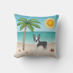 Coussin Boston Terrier Bleu sur une Plage Tropicale d'Été