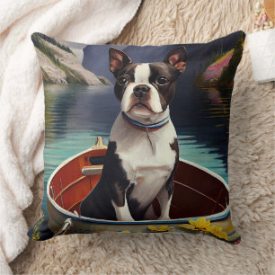 Coussin Boston Terrier sur une rame : une aventure Pittore