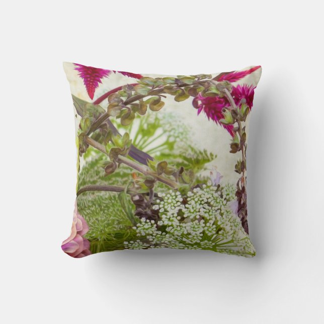 Coussin botanique de vert et de rose (Recto)
