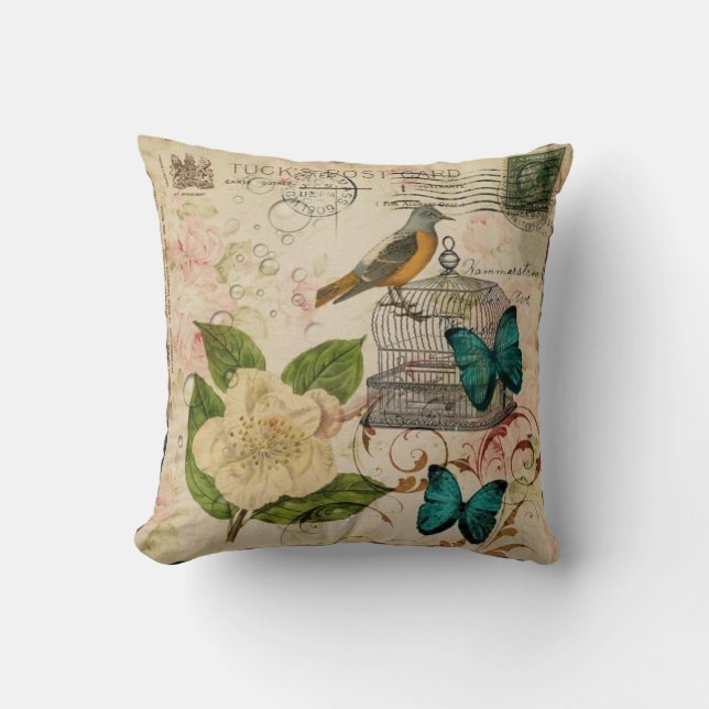 Coussin botanique français d'oiseau floral minable (Recto)