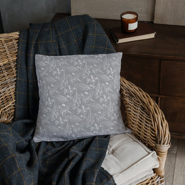 Coussin Botanique Gris clair Blanc Feuille motif floral (Créateur téléchargé)