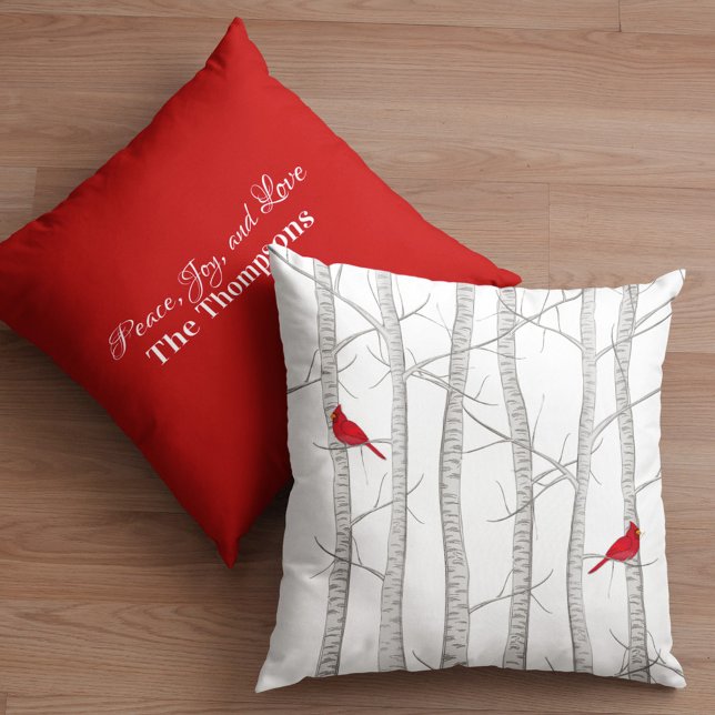 Coussin Botanique Hiver Cardinal Rouge Botanique Botanique (Red cardinal and birch tree custom winter throw pillow)