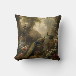 Coussin Botanique : trois paons dans le jardin anglais