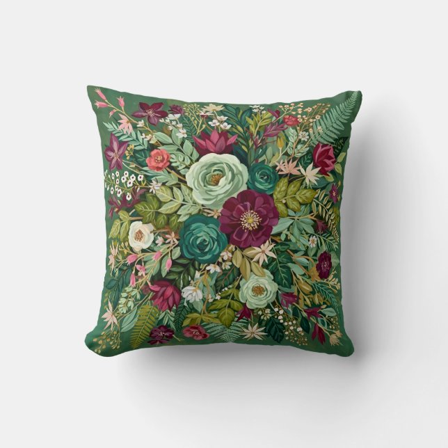 Coussin Botanique vert émeraude vintage  (Recto)
