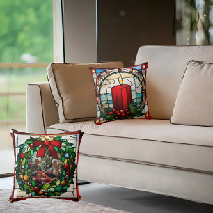 Coussin Bougie de Noël cramoisie Faux vitrail