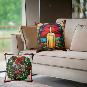 Coussin Bougie de Noël dorée Faux vitrail
