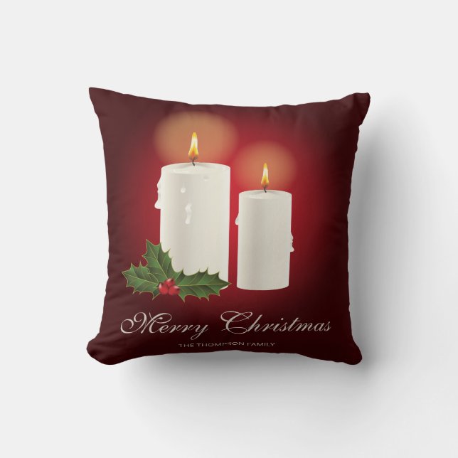 Coussin Bougies De Noël Blanches Sur Rouge Avec Texte Pers (Recto)