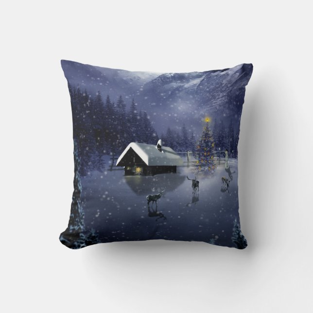 Coussin Boule blanche et bleu neige Joyeux Noël (Recto)