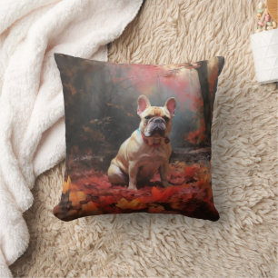 Coussin Bouledogue français dans les feuilles d'automne qu