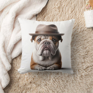 Coussin Bouledogue portant un Fedora