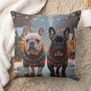 Coussin Bouledogues français Noël Neige Vacances