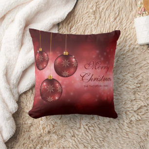 Coussin Boules de Noël festives rouges avec texte personna