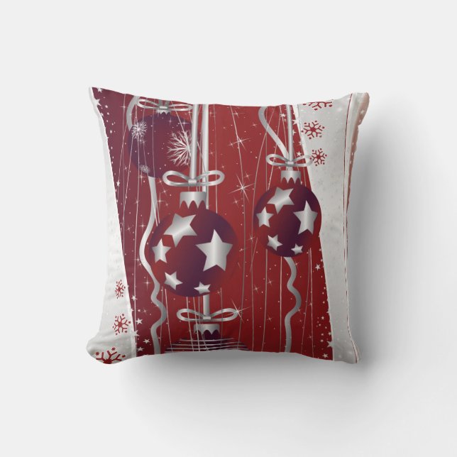 Coussin Boules de Noël rouges et grises étoiles et flocons (Recto)
