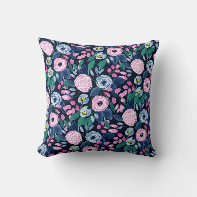 Coussin Bouquet d'aquarelle bleu marine rose (Recto)