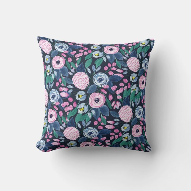 Coussin Bouquet d'aquarelle bleu marine rose (Recto)
