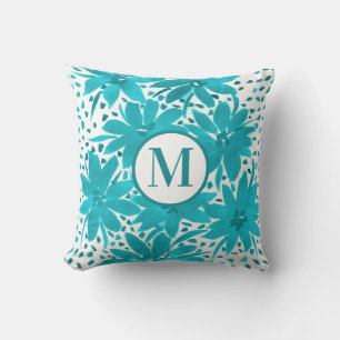 Coussin Bouquet d'aquarelle de marguerite turquoise Monogr