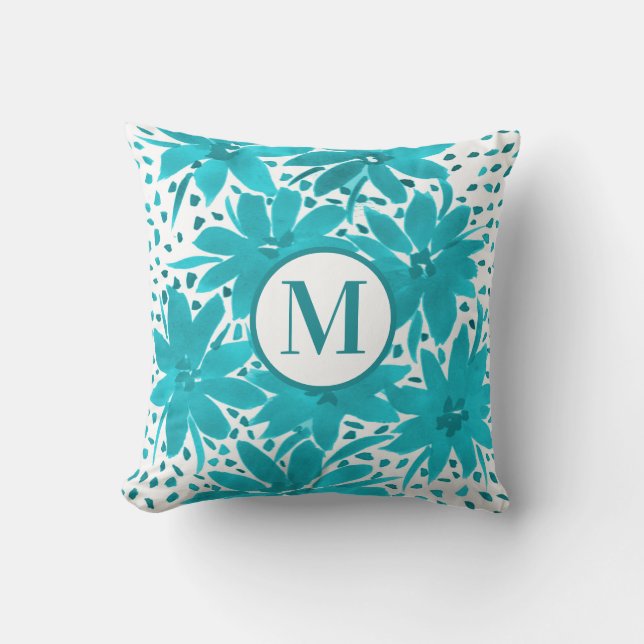 Coussin Bouquet d'aquarelle de marguerite turquoise Monogr (Recto)