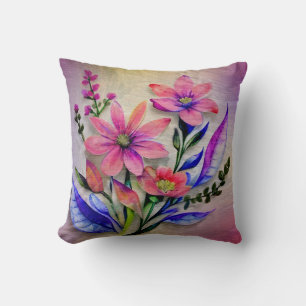 Coussin Bouquet de fleurs à l'aquarelle, fond coloré   