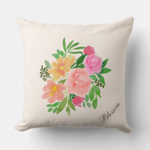 Coussin Bouquet de fleurs roses à l'aquarelle sur ivoire