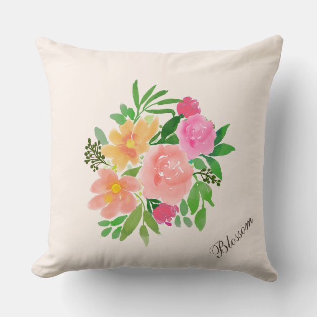 Coussin Bouquet de fleurs roses d'aquarelle sur ivoire (Recto)