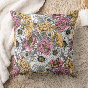 Coussin Bouquet de fleurs - roses, pivoines, marguerites e