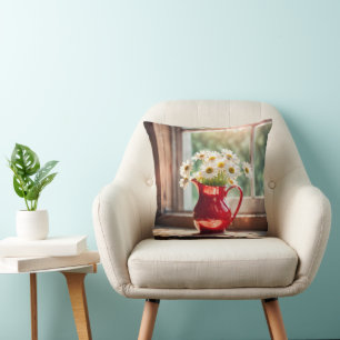 Coussin Bouquet de pâquerettes blanches dans un pichet rou