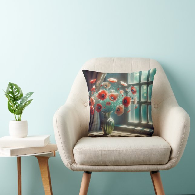 Coussin Bouquet de pavot rouge dans la fenêtre ensoleillée (Chaise)