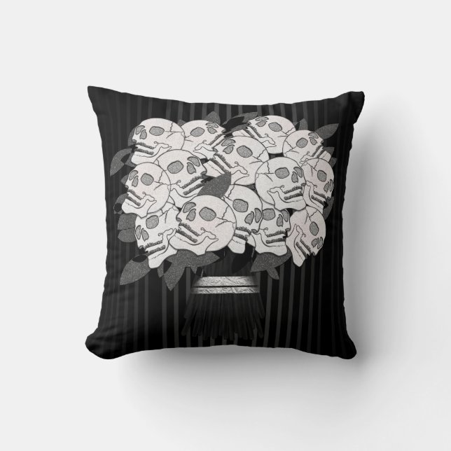 Coussin Bouquet de Roses du crâne noir et blanc (Recto)