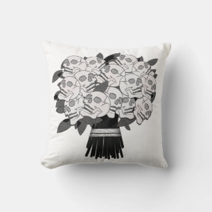 Coussin Bouquet de Roses du crâne noir et blanc