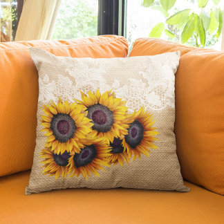 Coussin Bouquet de tournesols Burlap et dentelle Pays rust