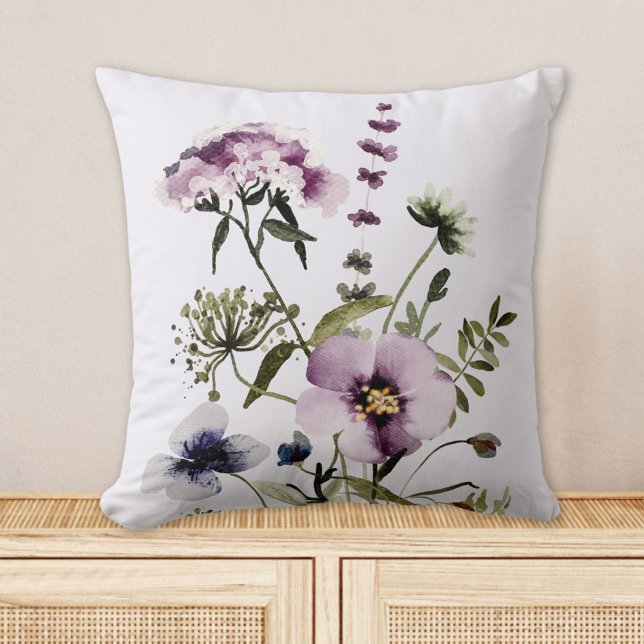 Coussin Bouquet Fleur sauvage pourpre Aquarelle Florale (In situ)