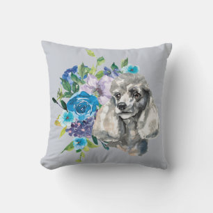Coussin Bouquet floral bleu Chien de canne gris
