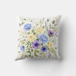 Coussin Bouquet floral de prairie sauvage aquarelle
