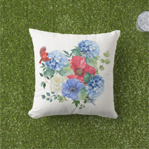 Coussin Bouquet floral rouge/blanc/bleu avec oiseaux