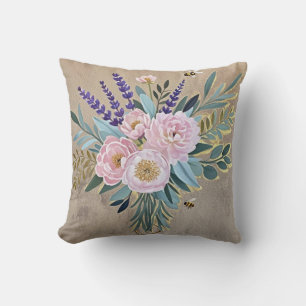 Coussin Bouquet pivoines fleurs de lavande rustique