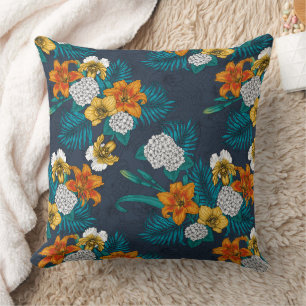 Coussin Bouquet tropical sur bleu