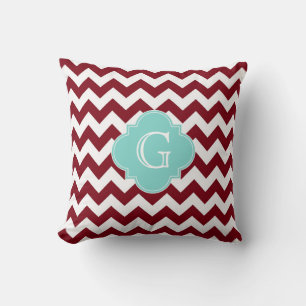 Coussin Bourgogne Blanc Chevron Aqua Quatrefeuilles Monogr