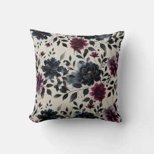 Coussin Bourgogne Bleu Minuit Floral Encre Beige Amande