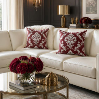 Coussin Bourgogne élégant, Noël damassé victorien blanc