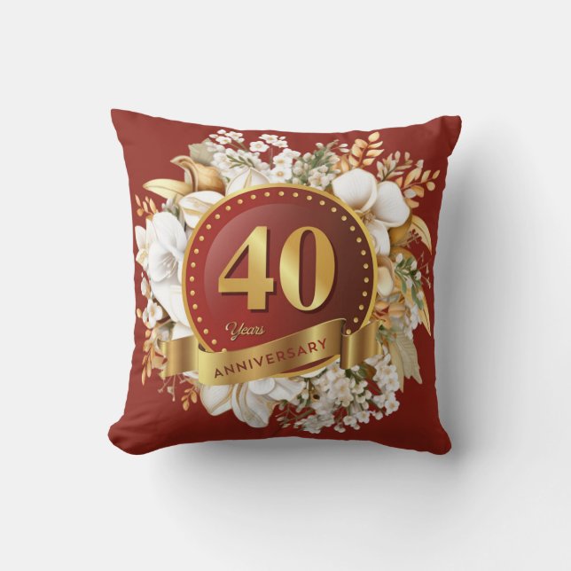 Coussin Bourgogne et or Floral 40e anniversaire Mariage (Recto)