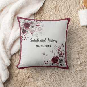 Coussin Bourgogne profond gris argent aquarelle floral per