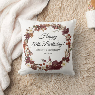 Coussin Bourgogne rouge mauve automne fleurs 70e anniversa