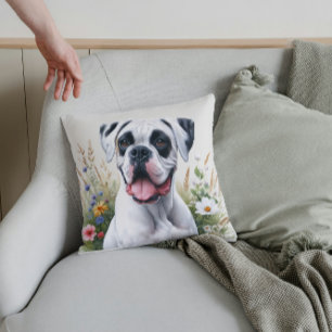 Coussin Boxer Blanc Joyeux dans les Fleurs