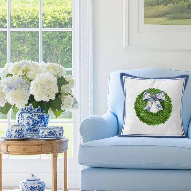 Coussin Boxwood Wreath with Blue Toile Bow  (Boxwood wreath with toile bow pillow)