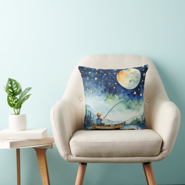 Coussin Boy Fishing Under Moon Watercolor (Chaise)