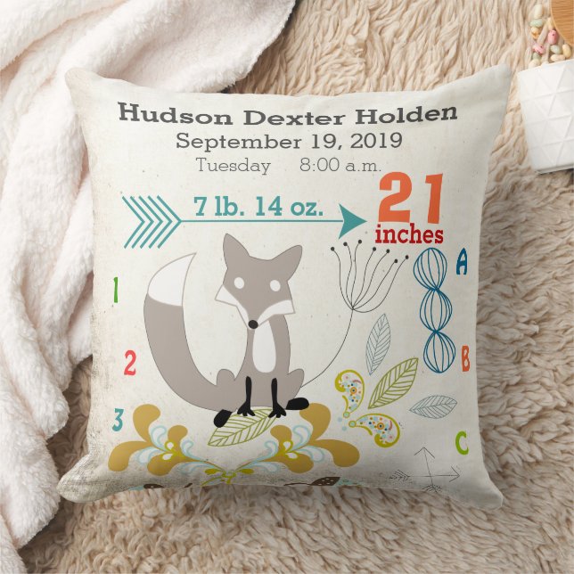 Coussin Boy Nursery Baby Birth Stat Fox Flrow Motif (Couverture)
