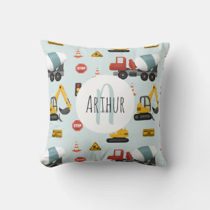 Coussin Boys Cute Blue Construction Transport & Nom Enfant